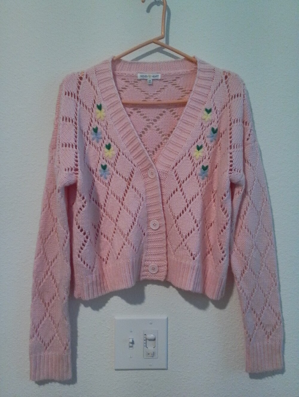 Woven Heart Pink Openwork V-Neck Cardigan with Embroidered Flowers